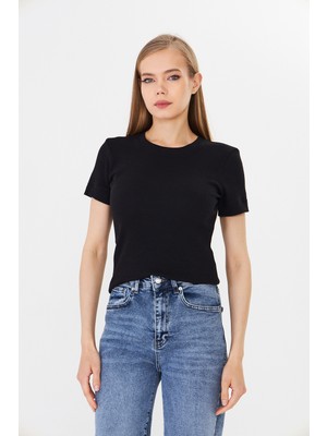 Hdm Kadın Siyah Kısa Kollu Fitilli Basic Bisiklet Yaka Tişört - H6037