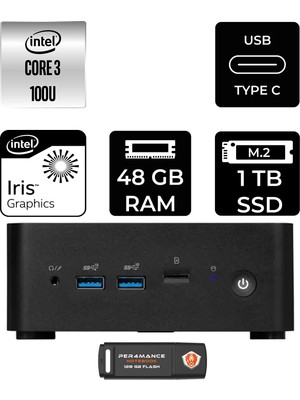 MSI Msı Cubi Nuc Intel Core 3 100U 48GB 1tb SSD Fdos Mini Masaüstü Bilgisayar & Per4 USB Bellek 1M003EUP328