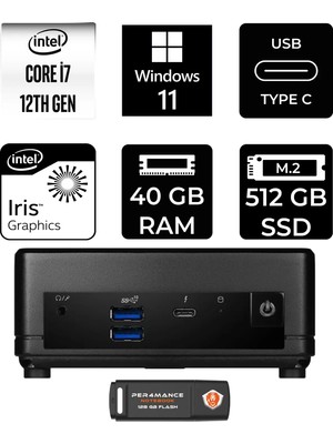 MSI Msı Cubi 5 Intel Core I7 1255U 40GB 512GB SSD W11H Mini Masaüstü Bilgisayar & Per4 USB Bellek 12M001BEUP387