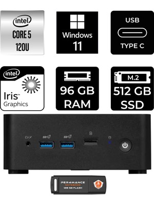 MSI Msı Cubi Nuc Intel Core 5 120U 96GB 512GB SSD W11H Mini Masaüstü Bilgisayar & Per4 USB Bellek 1MG238BEUP387