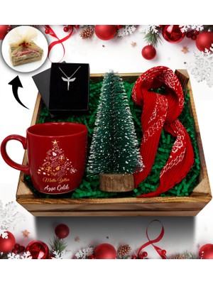 As Gift Mini Kasa Içerisinde Kişiye Özel Kırmızı Kupa & Çam Ağacı & Melek Kolye & Fular Hediye Seti