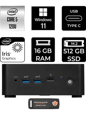 MSI Msı Cubi Nuc Intel Core 5 120U 16GB 512GB SSD W11H Mini Masaüstü Bilgisayar & Per4 USB Bellek 1MG238BEUP352
