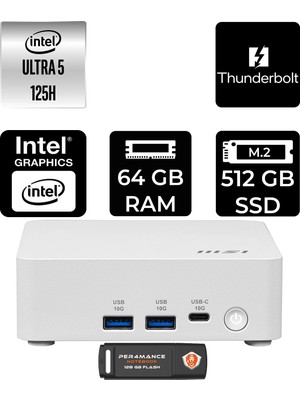 MSI Msı Cubi Nuc Core Ultra 5 125H 64GB RAM 512GB SSD FreeDOS 1UMG062EUP332 Mini PC + Per4 USB