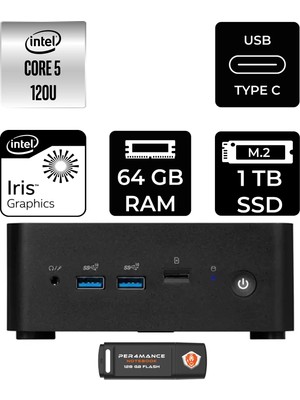 MSI Msı Cubi Nuc Intel Core 5 120U 64GB 1tb SSD Fdos Mini Masaüstü Bilgisayar & Per4 USB Bellek 1MG238BEUP333