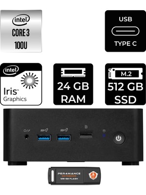 MSI Msı Cubi Nuc Intel Core 3 100U 24GB 512GB SSD Fdos Mini Masaüstü Bilgisayar & Per4 USB Bellek 1M003EUP312