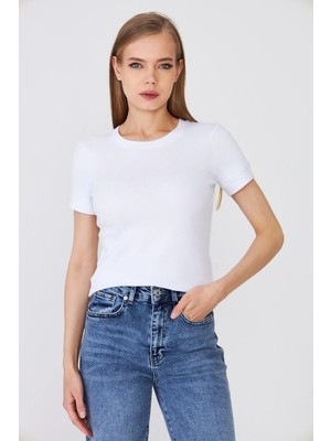 Hdm Kadın Beyaz Kısa Kollu Fitilli Basic Bisiklet Yaka Tişört - H6037