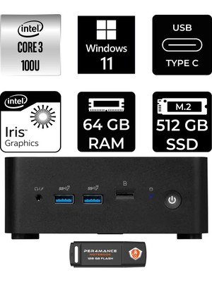 MSI Msı Cubi Nuc Intel Core 3 100U 64GB 512GB SSD W11H Mini Masaüstü Bilgisayar & Per4 USB Bellek 1M003EUP377