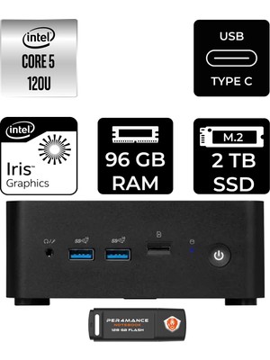 MSI Msı Cubi Nuc Intel Core 5 120U 96GB 2tb SSD Fdos Mini Masaüstü Bilgisayar & Per4 USB Bellek 1MG238BEUP344