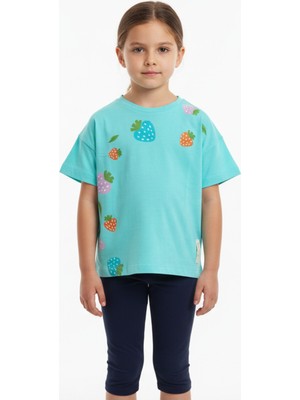Toontoy Kız Çocuk Bisiklet Yaka Düşük Omuz Kısa Kollu  Baskılı Tişört  25005