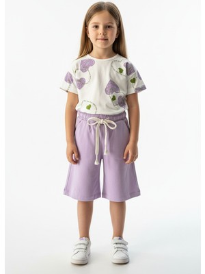 Toontoy Kız Çocuk 2'li  Kaprili Takım Bisiklet Yaka Düşük Omuz Kısa Kollu Baskılı Tişört - Beli Lastikli Cepli Bağlamalı Kapri  25013