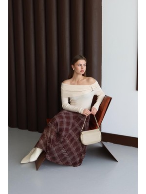 Fehu Bloom Kahvrengi Kareli Şifon Etek