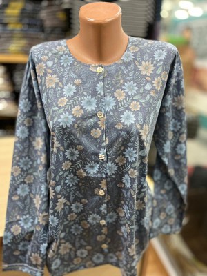 TCR Kadın Desenli Boydan Düğmeli Mevsimlik Penye Bluz