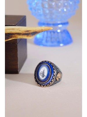 INNUENDO JEWELRY 925 Ayar Gümüş Tuğra Işlemeli Mavi Erkek Yüzük