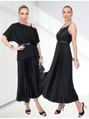 Qimya Butik Buketli Kadın Oversize Blüzlü Ayarlı Ip Askılı Astarlı Piliseli Uzun Saten Elbise