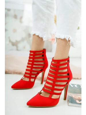 Ayakkabı Ateşi Kırmızı Süet Sivri Burun Kadın Topuklu Ayakkabı Stiletto Edgar