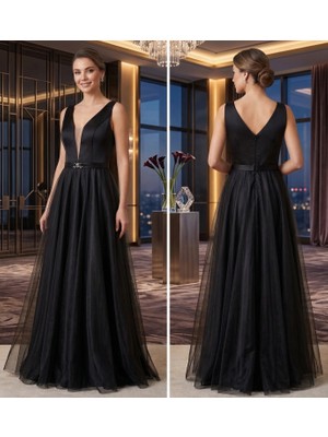 Prlineüstü Saten Altı Tül Kolsuz Abiye Elbise