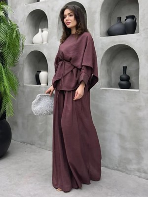 Cardella Lina Vual Kumaş Dökümlü Ikili Takım Tesettür Uyumlu Bayramlık Şık Bluz Pantolon Takım