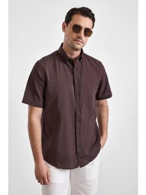 Süvari Koyu Kahve Regular Düğmeli Yaka Düz Casual Gömlek