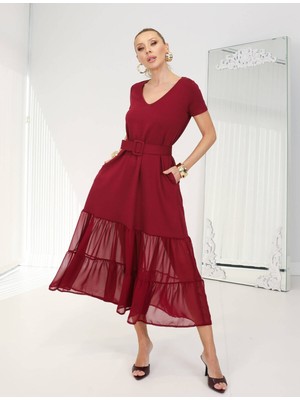 Qimya Butik Buketli Kadın Diz Altı Tül Kemerli Cepli V Yaka Kısa Kollu Geniş Kesim Uzun Elbise