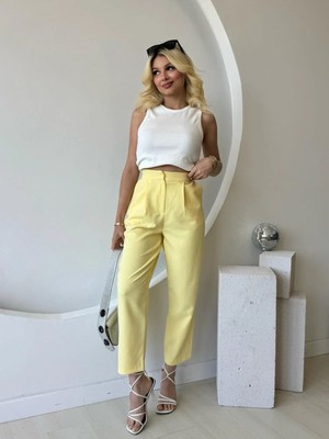 Fehu Bloom Pile Detaylı Bilek Boy Kumaş Pantolon Sarı