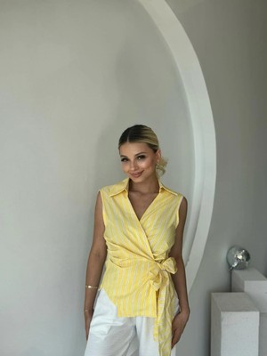 Fehu Bloom Bağlama Detaylı Kolsuz Çizgili Gömlek Sarı