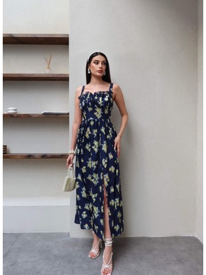 Esra Helvacı Limon Desen Göğüs Büzgü Yırtmaçlı Elbise