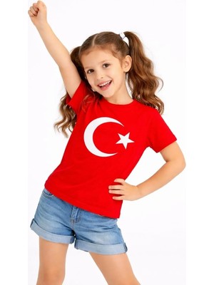 Kız Çocuk Tişört Bisiklet Yaka Ay Yıldız Bayrak Baskılı T-Shirt - Kırmızı
