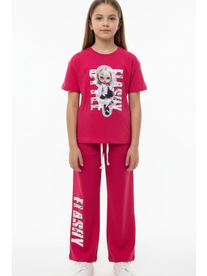 Toontoy Kız Çocuk 2'li  Eşofman Takım Bisiklet Yaka Kısa Kollu Baskılı Tişört - Beli Lastikli Bağlamalı Cepli Baskılı Bol Paça Eşofman Altı 25021
