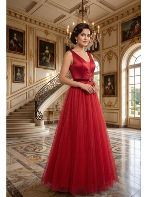 Prlineüstü Saten Altı Tül Kolsuz Abiye Elbise