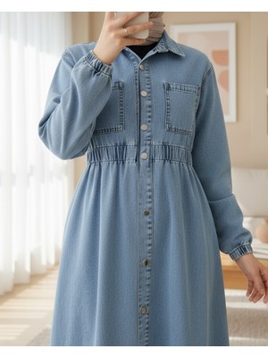 Modamorfo Beli Lastikli Yan Cepli Kot Elbise -Buz Mavi