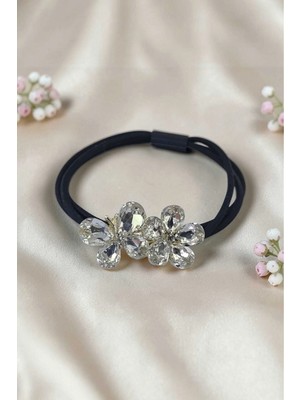 RALBAX Bermudienne Lastik Saç Tokası – Şeffaf Kristal Taşlı Çiçek Tasarımlı Şık Kadın Aksesuarı