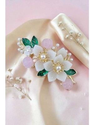 RALBAX Ballote Saç Aksesuarı – Pembe ve Beyaz Çiçek Detaylı, Inci Süslemeli Lüks Kadın Saç Tokası