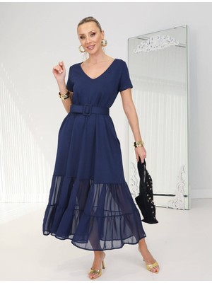 Qimya Butik Buketli Kadın Diz Altı Tül Kemerli Cepli V Yaka Kısa Kollu Geniş Kesim Uzun Elbise