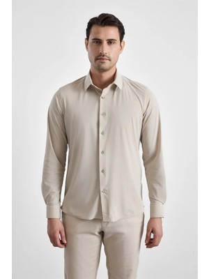Süvari Ekru Slim Klasik Yaka Düz Casual Gömlek