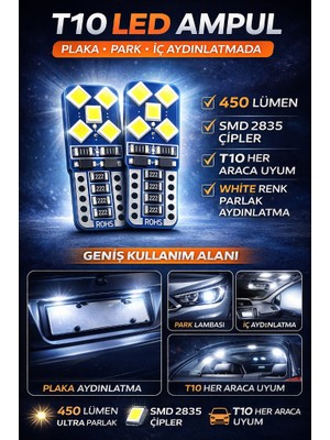 Duolight T10 LED Ampul Beyaz 12V Canbus Hatasız Ultra Parlak 450 Lümen Park Plaka Iç Aydınlatma Tavan Bagaj Torpido W5W 2 Adet