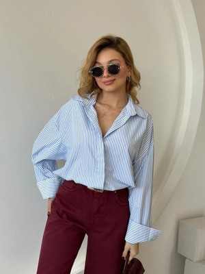 Fehu Bloom Oversize Arkası Uzun Düğmeli Çizgili Gömlek Mavi