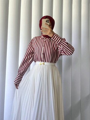 Modamorfo Çizgili Oversize Düğmeli Gömlek -Bordo