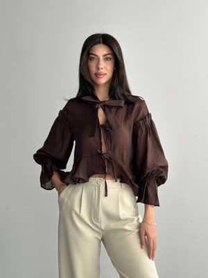 Cemo Kadın Bağlama Detaylı Transparan Şifon Gömlek