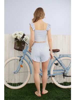 Pijamoni Kadın Omuzu Fırfır Detaylı Mavi Şort Takımı