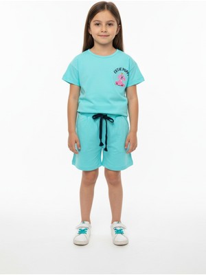 Toontoy Kız Çocuk 2'li Şortlu Takım Bisiklet Yaka Düşük Omuz Kısa Kollu  Baskılı Tişört - Beli Lastikli Bağlamalı Cepli Şort 25016