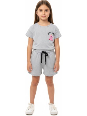 Toontoy Kız Çocuk 2'li Şortlu Takım Bisiklet Yaka Düşük Omuz Kısa Kollu  Baskılı Tişört - Beli Lastikli Bağlamalı Cepli Şort 25016