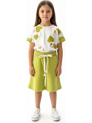Toontoy Kız Çocuk 2'li  Kaprili Takım Bisiklet Yaka Düşük Omuz Kısa Kollu Baskılı Tişört - Beli Lastikli Cepli Bağlamalı Kapri  25013
