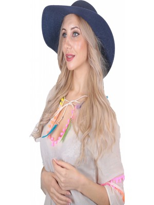 Bay Şapkacı Bağcıklı Kadın Geniş Kenarlı Hasır Şapka - Turkuaz Örgü Şerit Detaylı Geniş Kenarlı Kadın Hasır Plaj Şapkası