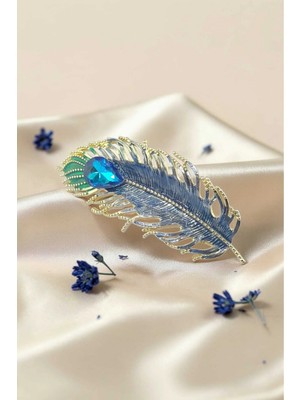 RALBAX Bourrache Saç Tokası – Mavi Kristal Taşlı Altın Renk Tüy Tasarımlı Şık Kadın Aksesuar