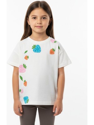 Toontoy Kız Çocuk Bisiklet Yaka Düşük Omuz Kısa Kollu  Baskılı Tişört  25005