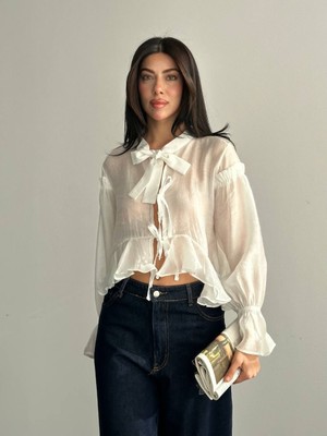 Cemo Kadın Bağlama Detaylı Transparan Şifon Gömlek