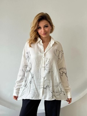 Fehu Bloom Düğmeli At Desenli Salaş Gömlek Ekru Siyah