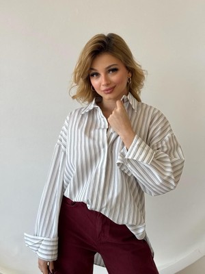 Fehu Bloom Oversize Çizgili Düğmeli Gömlek Beyaz