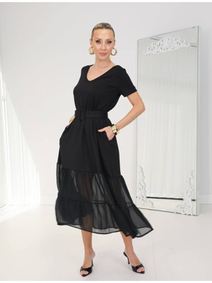 Qimya Butik Buketli Kadın Diz Altı Tül Kemerli Cepli V Yaka Kısa Kollu Geniş Kesim Uzun Elbise