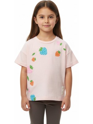 Toontoy Kız Çocuk Bisiklet Yaka Düşük Omuz Kısa Kollu  Baskılı Tişört  25005
